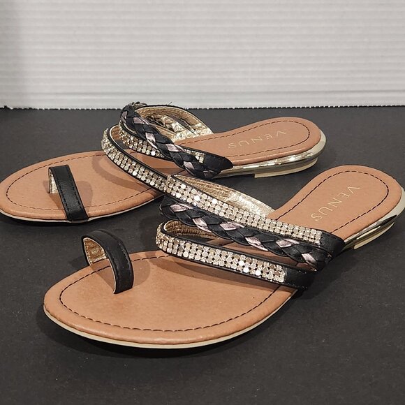 Venus Multicolored Bling Silver Black Rhinestone & Sequin Toe Loop Sandals Sz 7 - Picture 1 of 6
